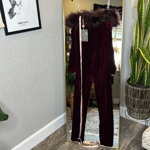 House of CB 'Salima' Dark Cherry Velvet Feather Jumpsuit NWT